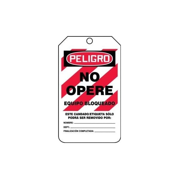 Accuform Spanish Safety Tags, DANGER DO NOT OPERATE EQUIPMENT LOCKED OUT, 5.75in x 3.25in, RP-Plastic, 25PK SHMLT405PTP - main